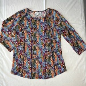 NorthStyle Colorful Cityscape Print Top Size Small 3/4 Sleeve Artsy Blouse
